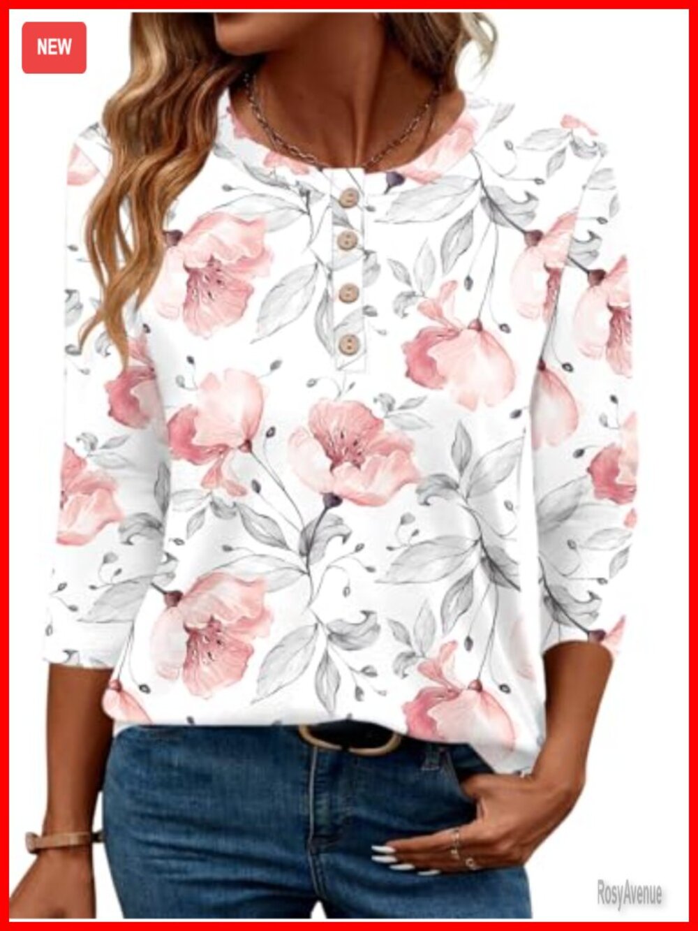 Women's 3/4 Sleeve Tunic Top Crew Neck Floral Knit Shirt